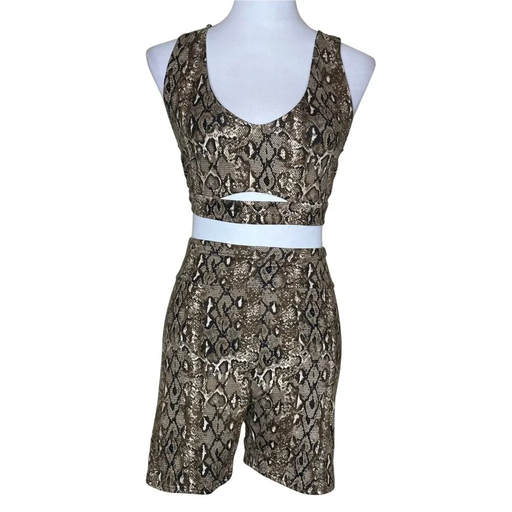 12th Tribe Snake Print 2 Piece Set Crop Top & Biker Shorts Large